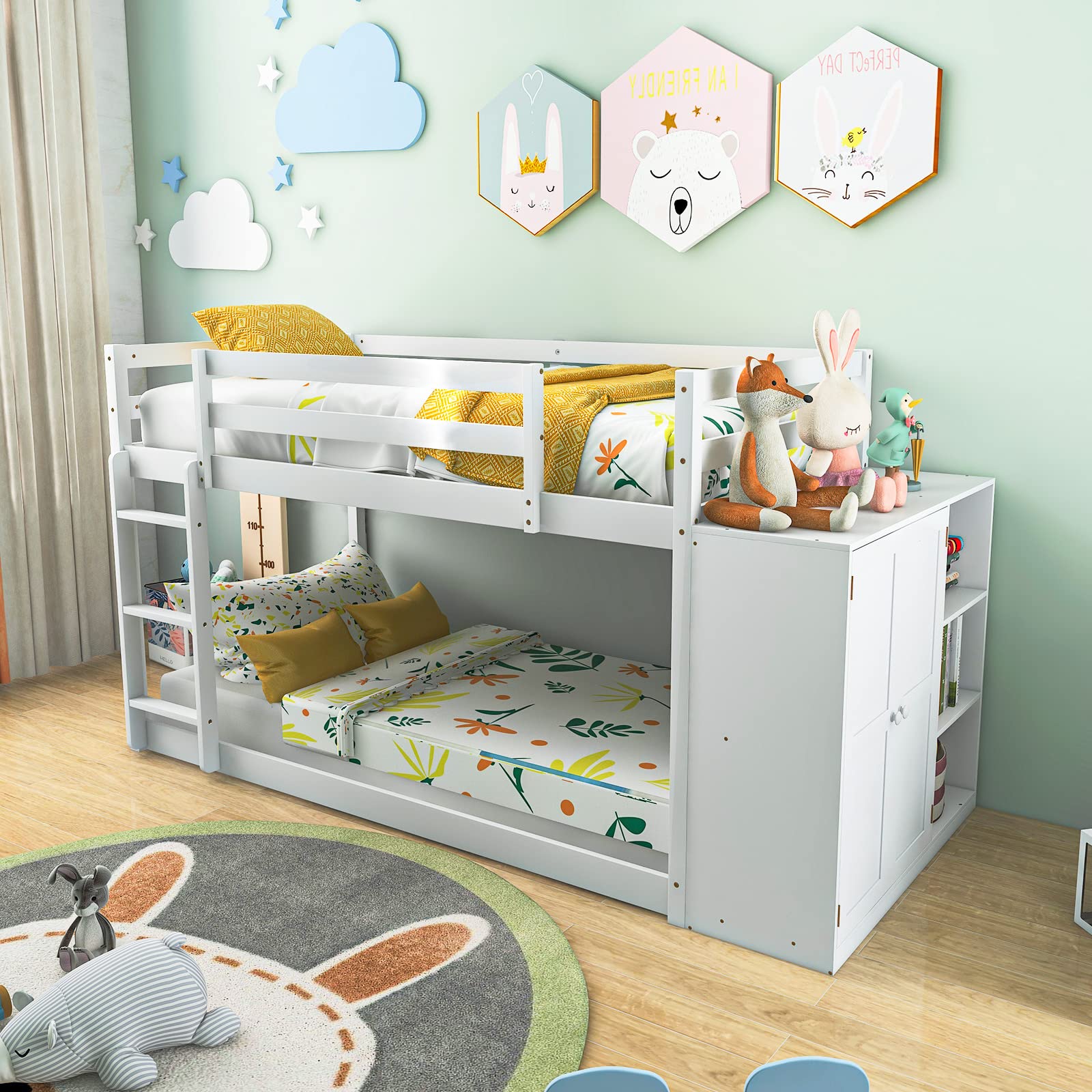Twin Over Twin Bunk Bed with Storage Shelves, Solid Wood Bunk Bed Frame