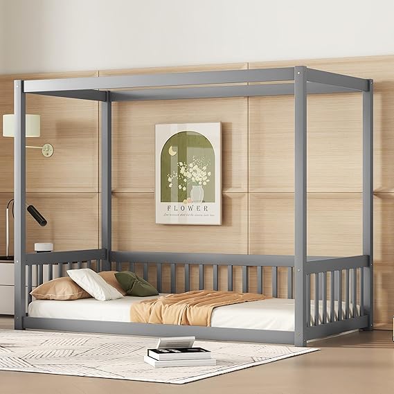 Full Size Canopy Bed Frame with Guardrails for Kids,Floor Bed Full