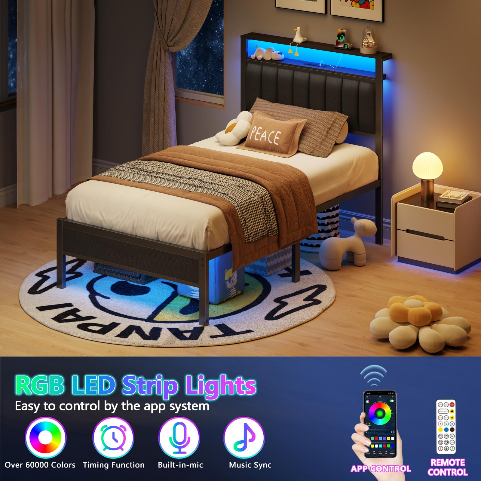 Twin Bed Frame with LED Lights and Charging Station