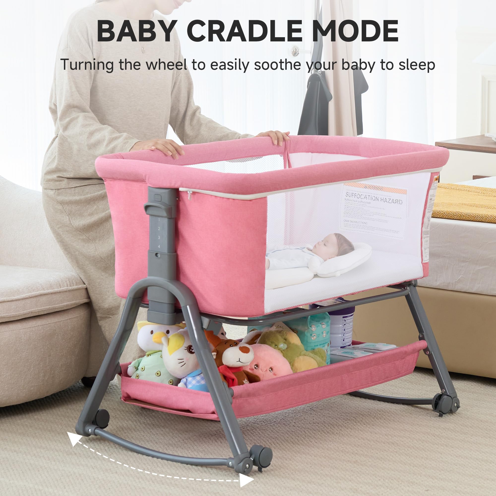 3-in-1 Bedside Bassinet with Adjustable Height and Mosquito Net
