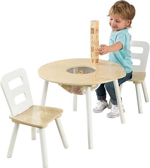 Wooden Round Table & 2 Chair Set with Center Mesh Storage - Pink & White