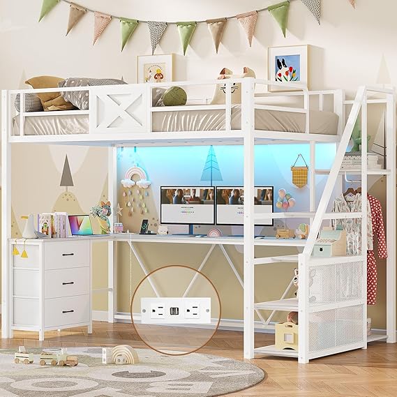 Stairway Twin Size Loft Bed with L Shaped Desk and Wardrobe