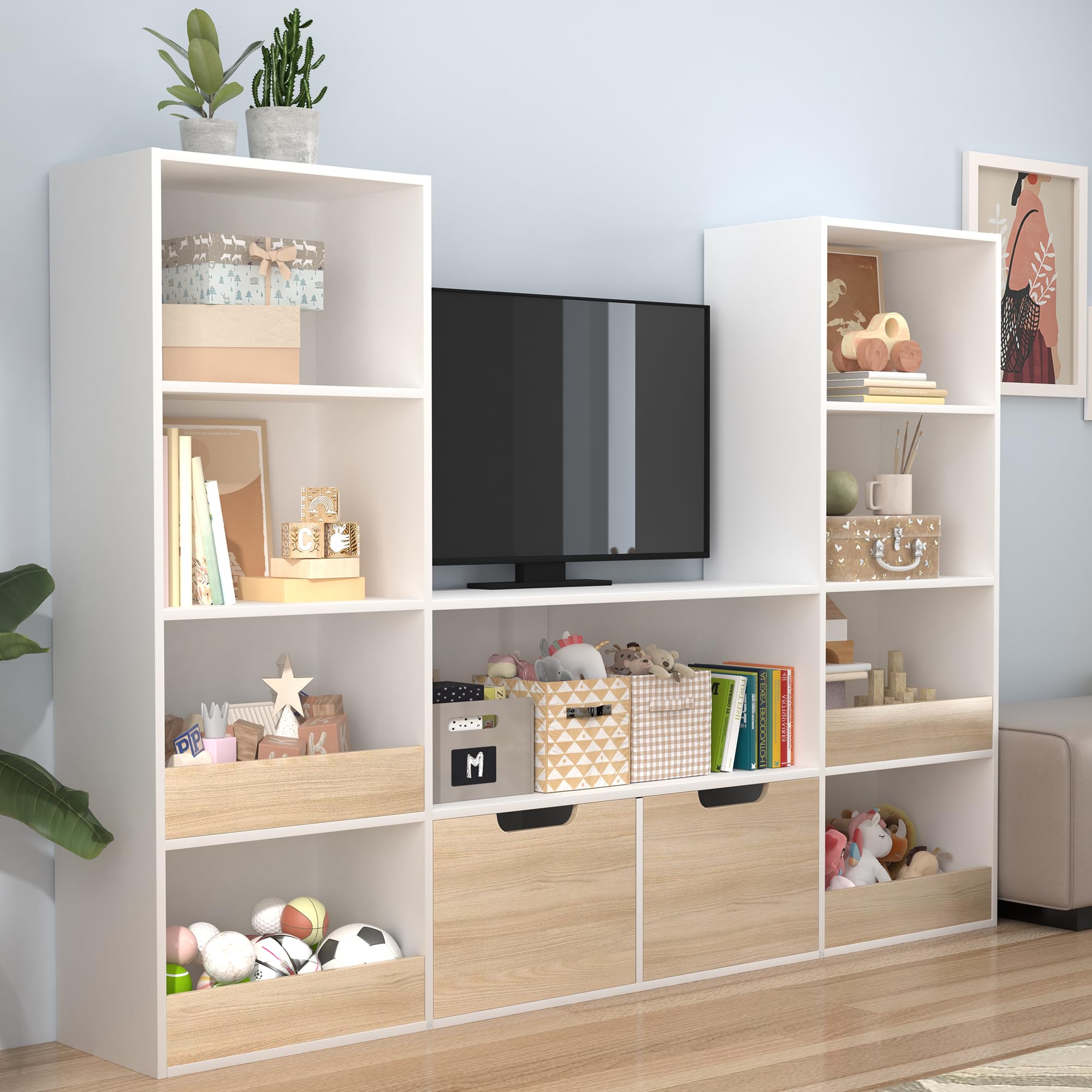 4 Tier Kids Bookshelf and Toy Storage, Castle Bookcase with Drawers, Reading Nook