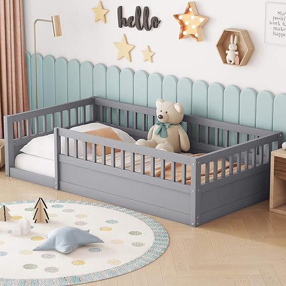 Twin Size Floor Bed with High Fence and Door