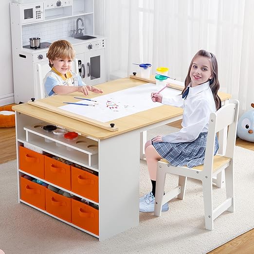 4 In 1 Kids Art Table and Chair Set,Toddler Craft Large Storage Desk