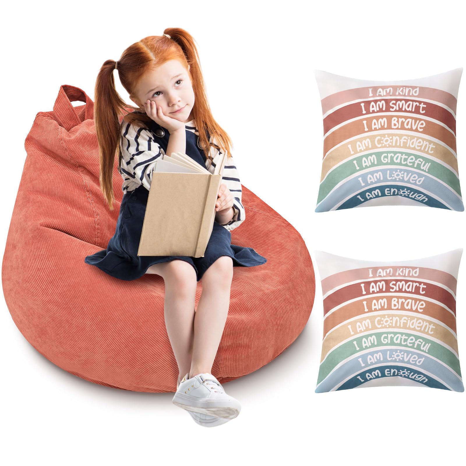 Stuffed Animal Storage Bean Bag Chair Cover with Rainbow Pillow Covers