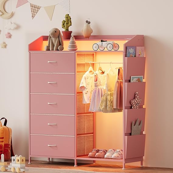 Modern 5 Dresser with LED Hanging Rack, Dresser with Clothes Rack