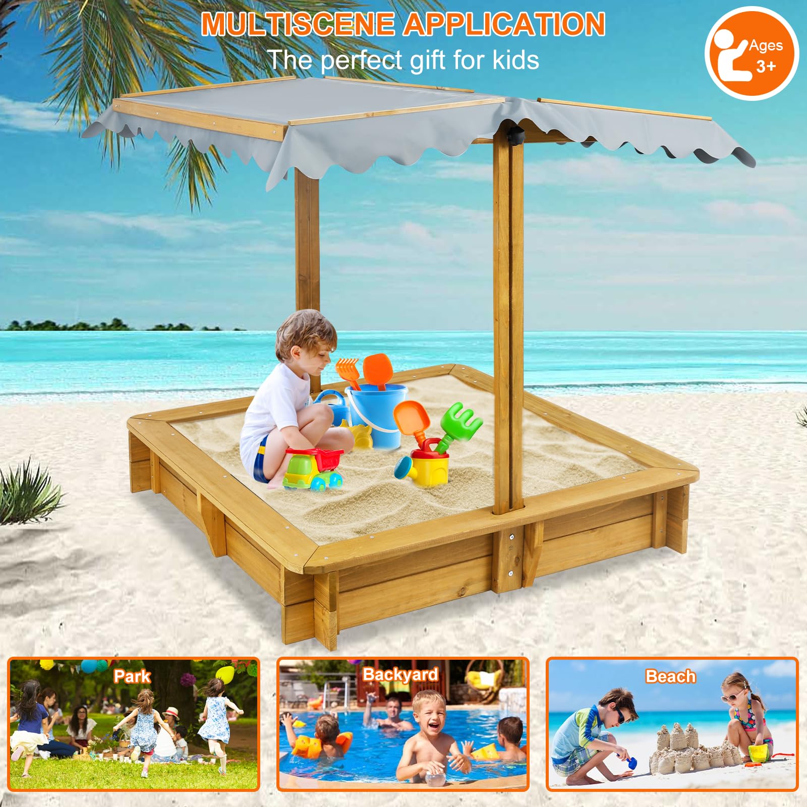 Wooden Sandbox with Adjustable Canopy Cover and Benches