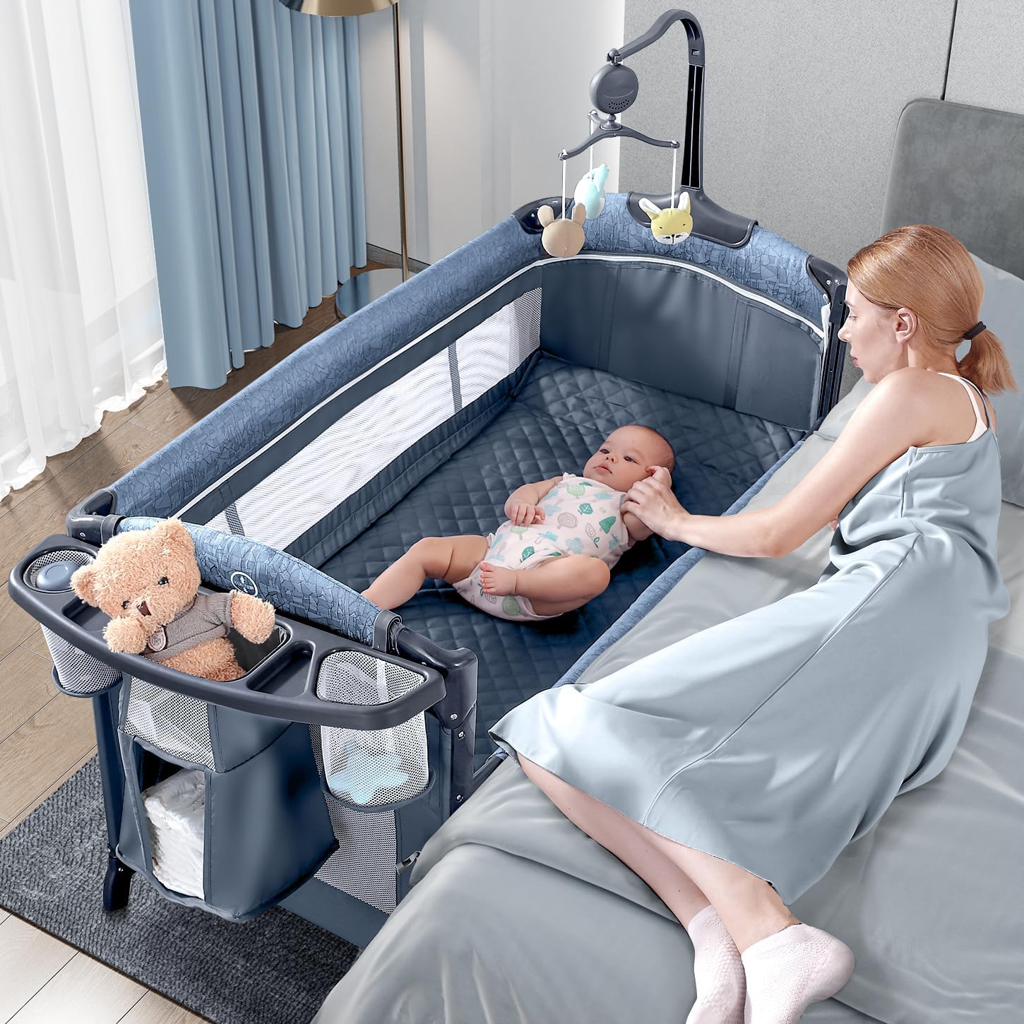 Baby Bassinet Bedside Crib, Pack and Play with Sheet