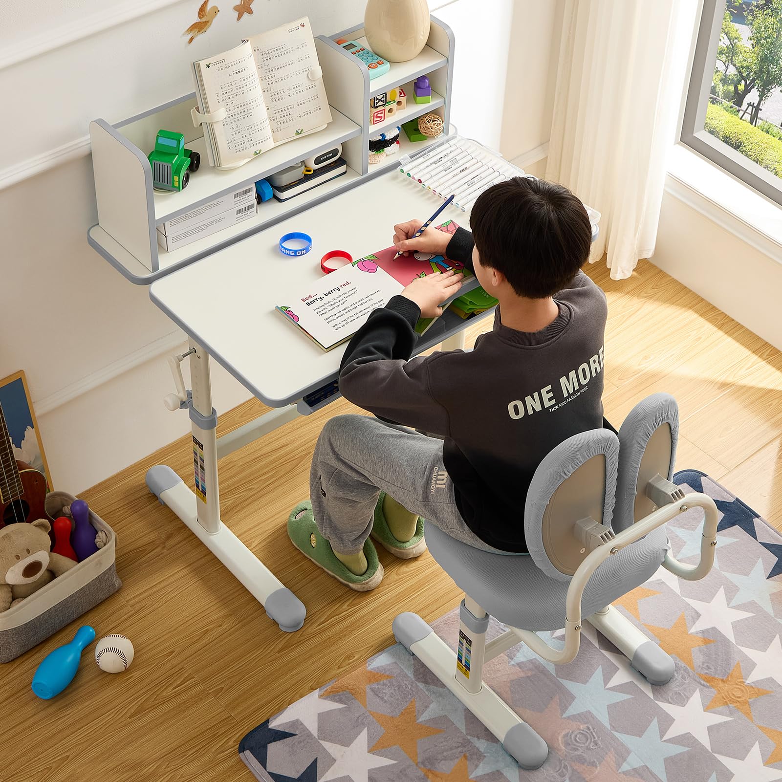 Ergonomic Kids Desk and Chair Set with Adjustable Height and Tilting Desktop