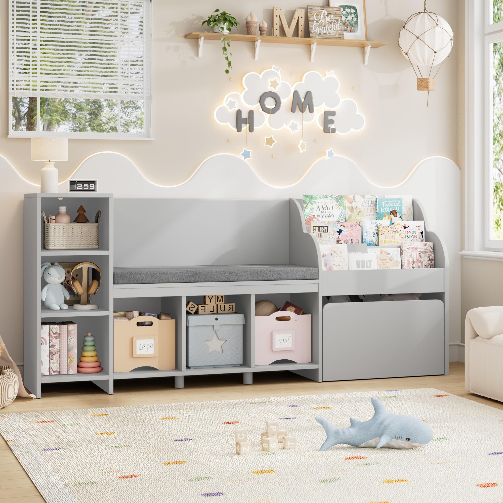 67" Kids Reading Nook with Bench, Kids Bookshelf and Bookcase