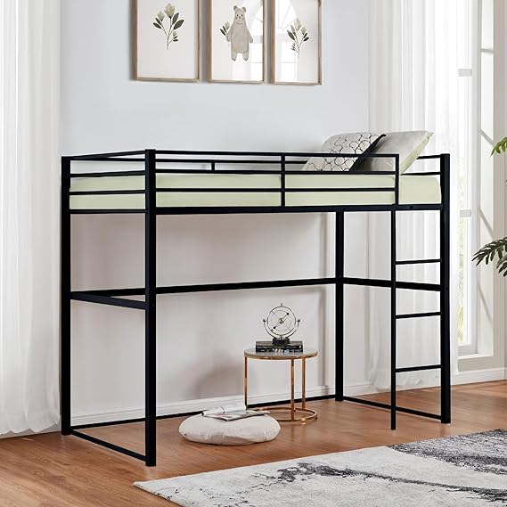 Twin Metal Loft Bed with Safety Guard Rails, Flat Ladder, Metal Slat