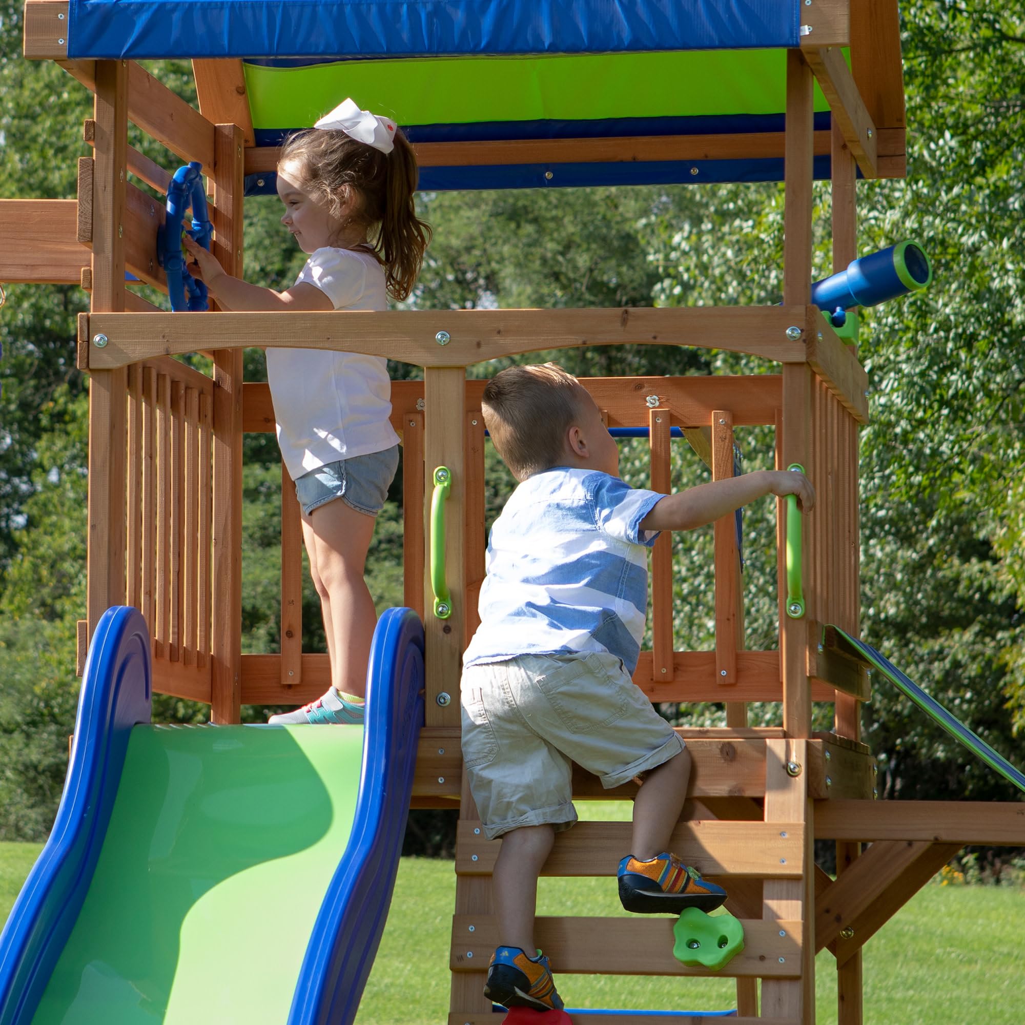 Beach Front Cedar Wood Swing Set with Wave Slide
