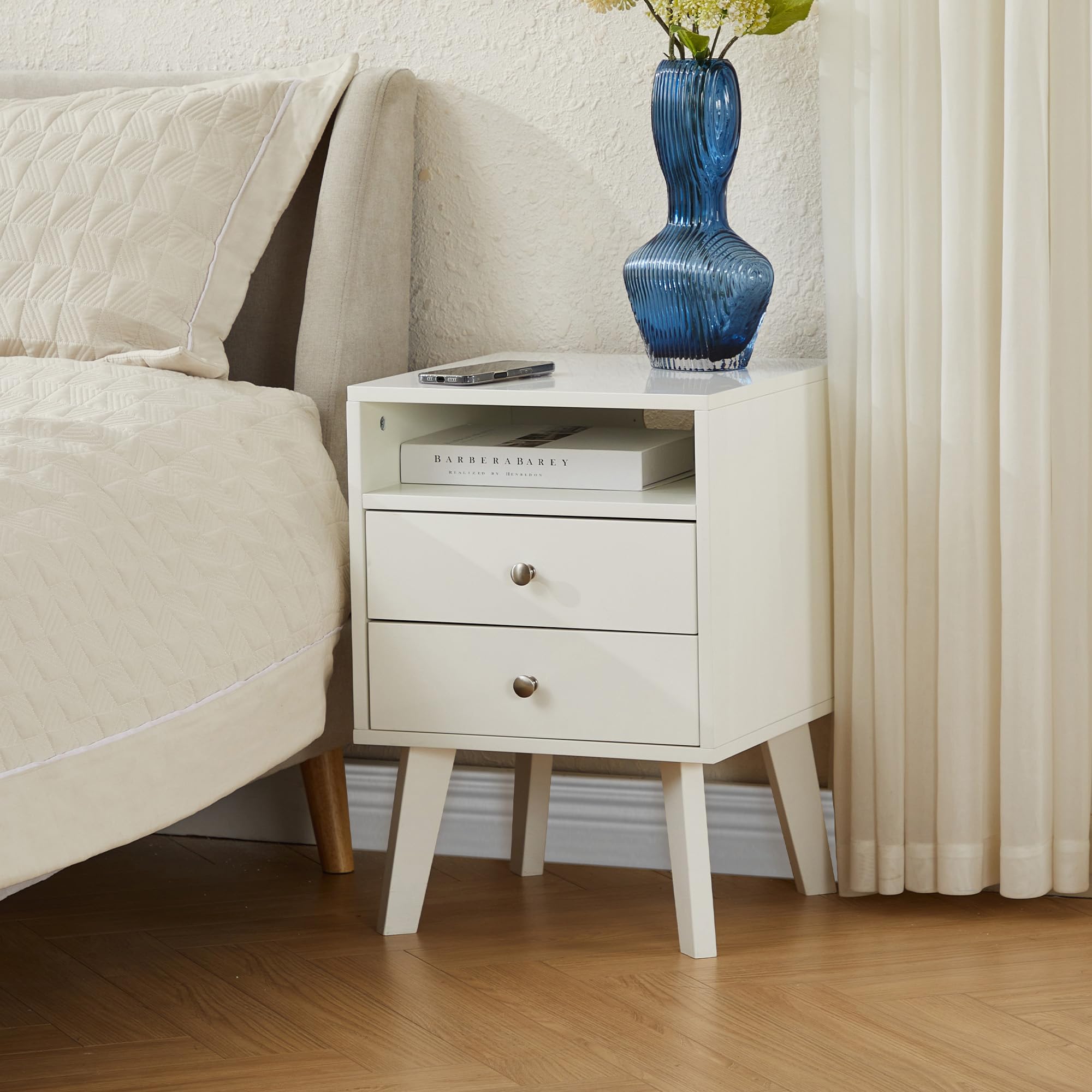 White Nightstand with 2 Drawers and Open Shelf Wooden Bed Side