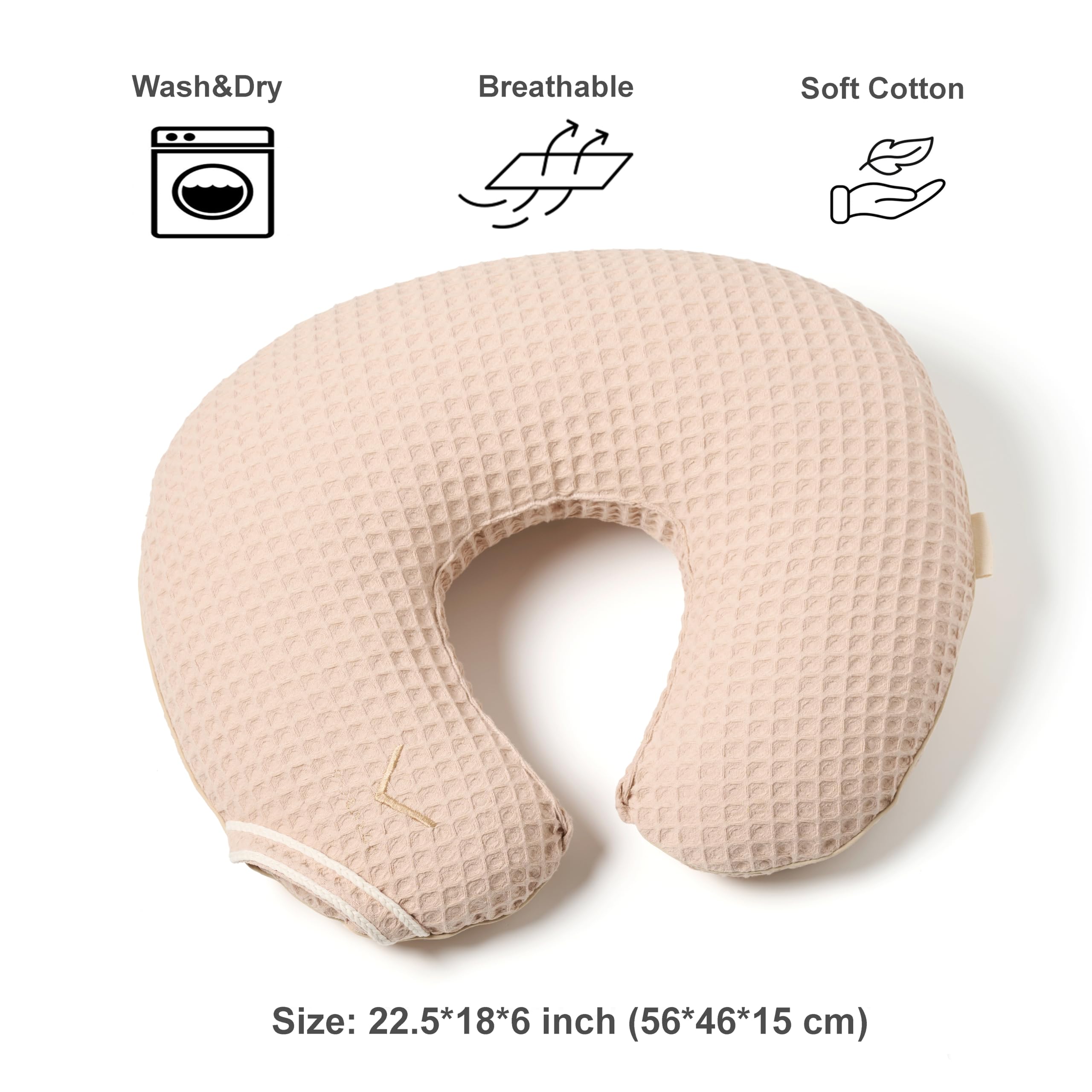 Organic Nursing Pillow with Cover • Premium Quality 100% Cotton Oeko-Tex Standard • Moon Pillow for Breastfeeding and Bottle Feeding • Soft and Breathable • (Poudre waffle)