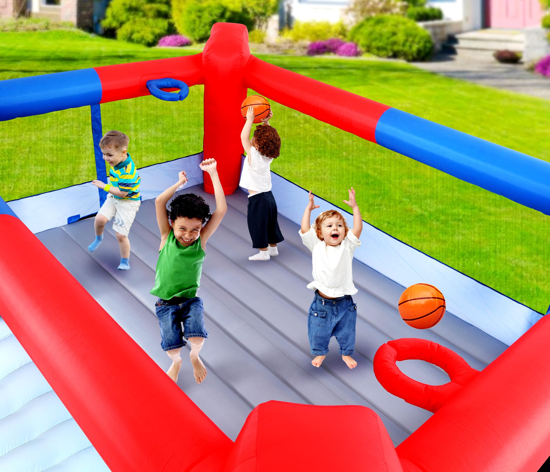 Inflatable Bounce House with Dual Slides and Basketball Hoops