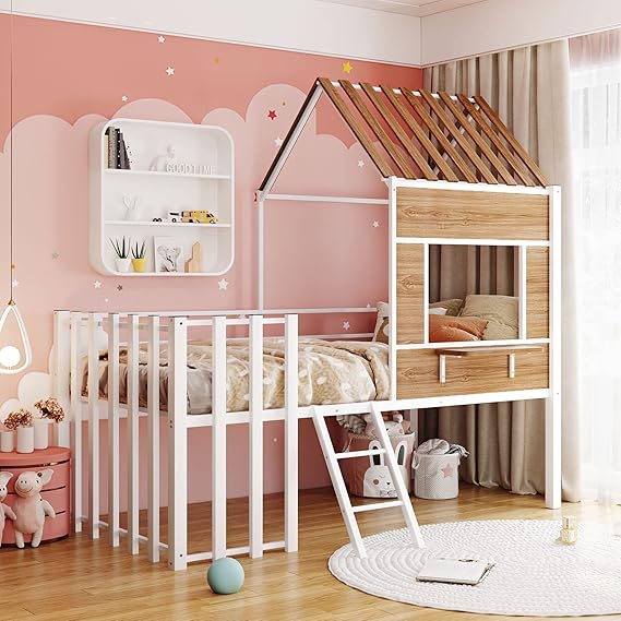 Twin Size Metal Low Loft Bed with Roof for Kids,KidsHouse Bed Twin Size