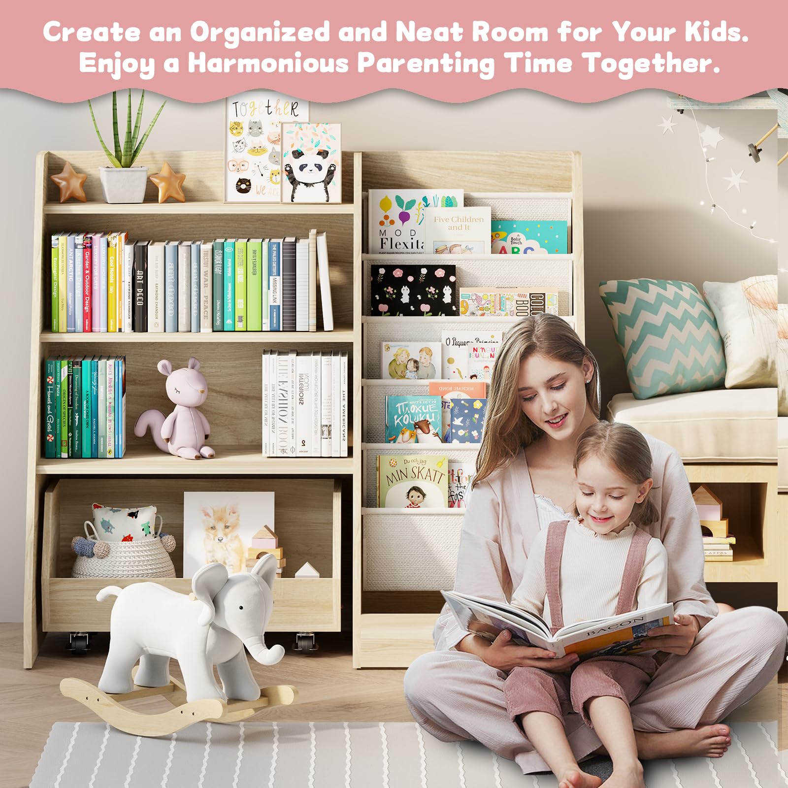 Kids Bookshelf and Toy Storage with Movable Drawer