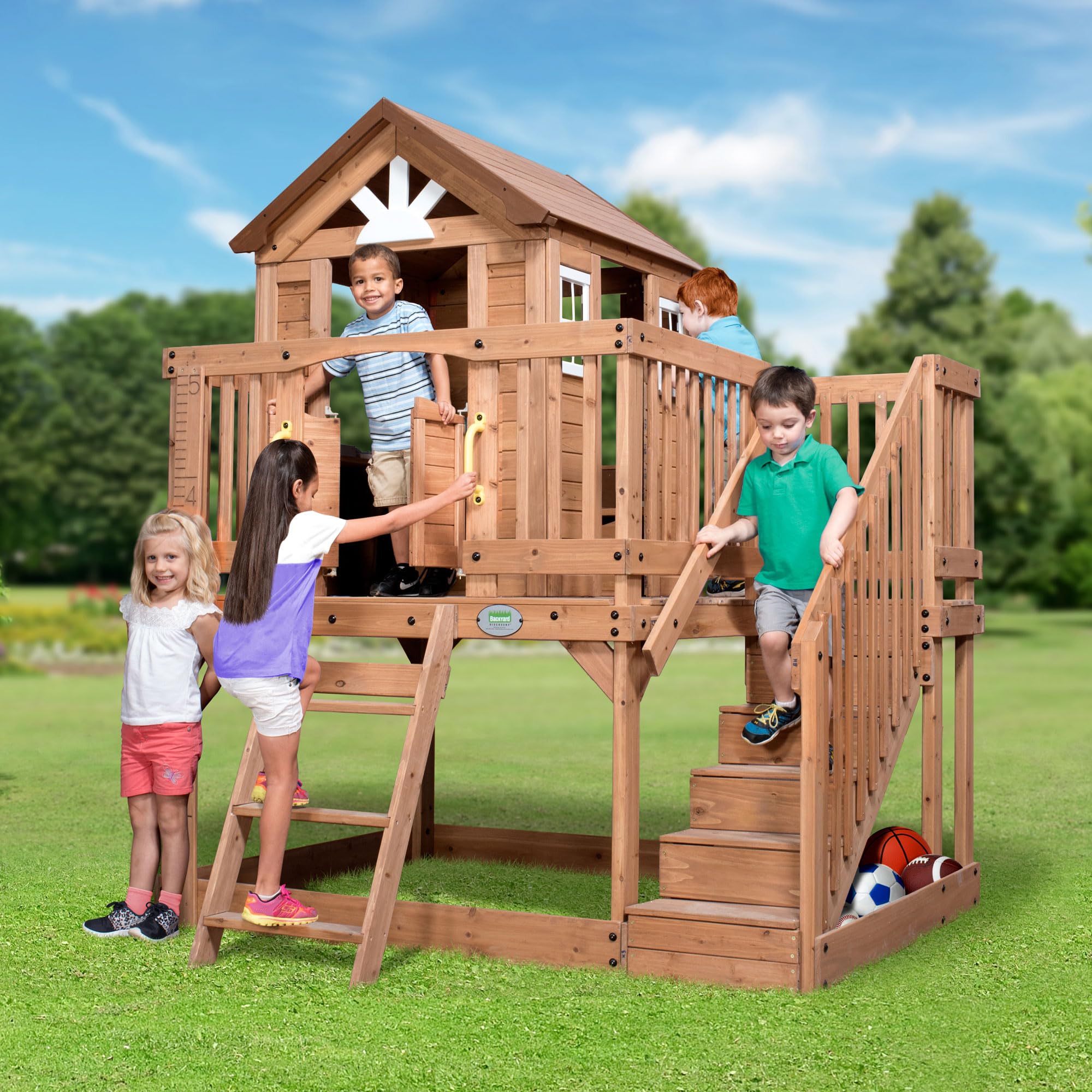 Elevated Cedar Wooden Playhouse with Kitchen and Deck