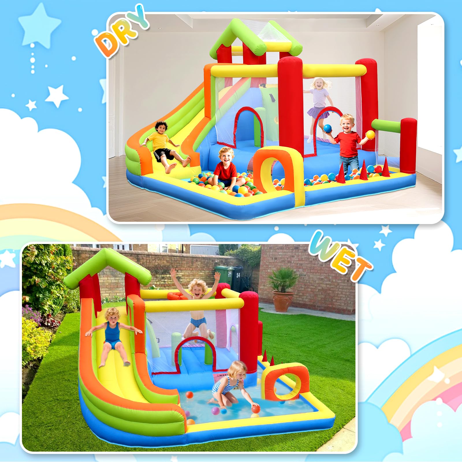 Inflatable Water Slide Bounce House with Dual Slides and Splash Pool