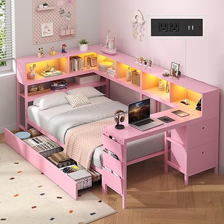 Twin Corner Bed with Desk and Storage Bookcase