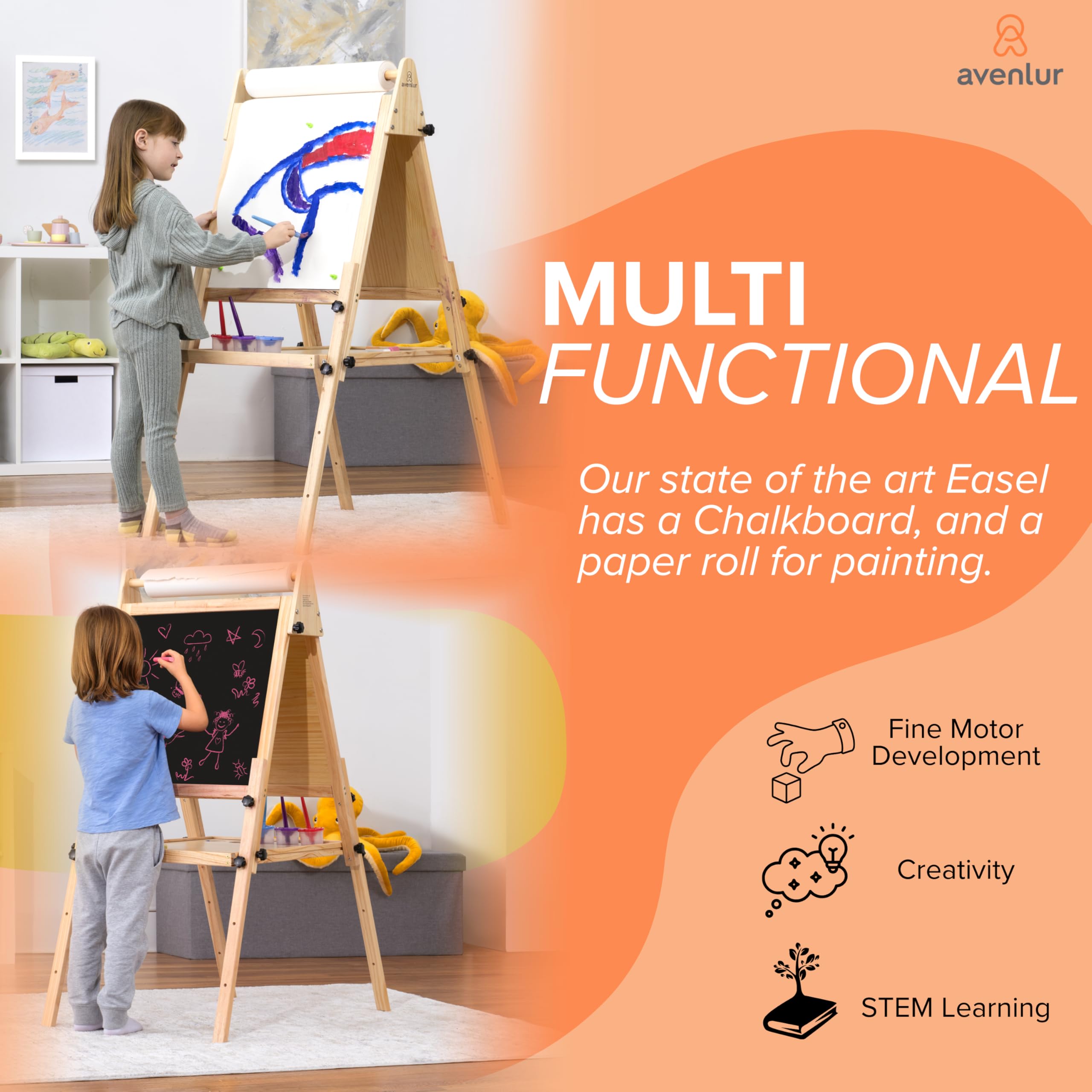 Avenlur Adjustable Height Easel for Kids and Adults - Multifunctional Art Station with Chalkboard, Ideal for Painting, Drawing, and Display - Foldable Wooden Stand with Storage Tray