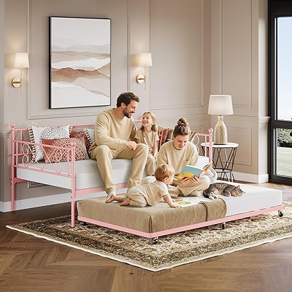 Twin Metal Daybed with Trundle, Premium Steel Slat Support