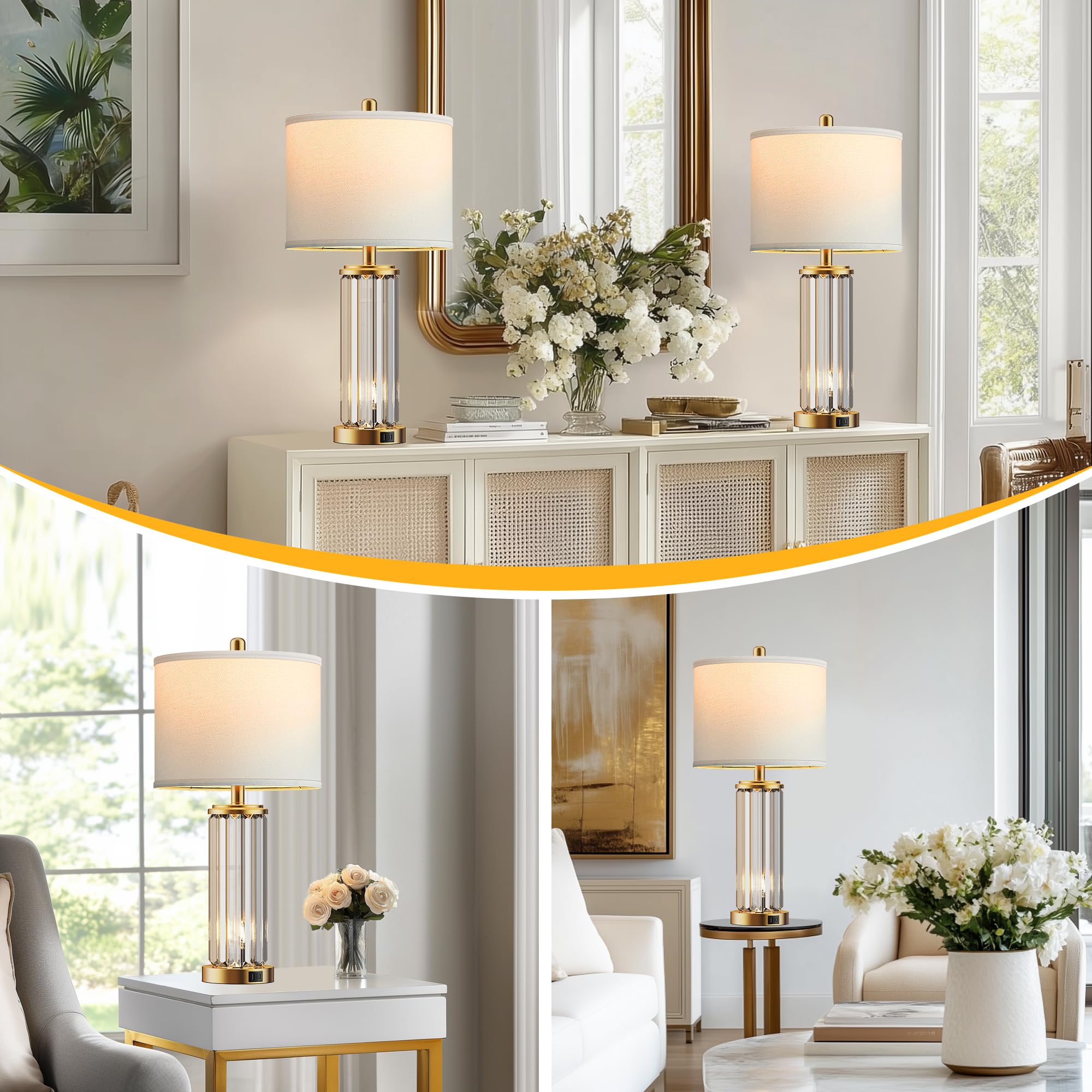 Crystal Table Lamps Set of 2 with USB Charging Ports and Night Light