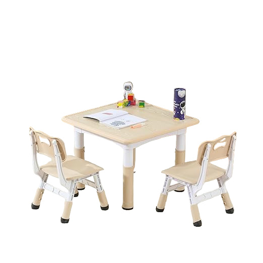 MWBrown-2chairs Kids Table and Chairs, Height-Adjustable Toddler Table and Chair Set
