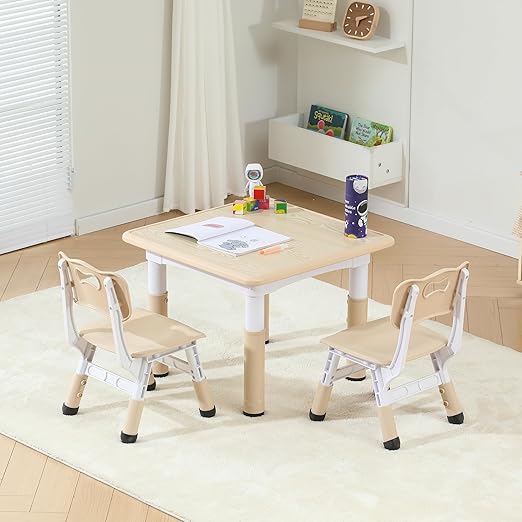 MWBrown-2chairs Kids Table and Chairs, Height-Adjustable Toddler Table and Chair Set