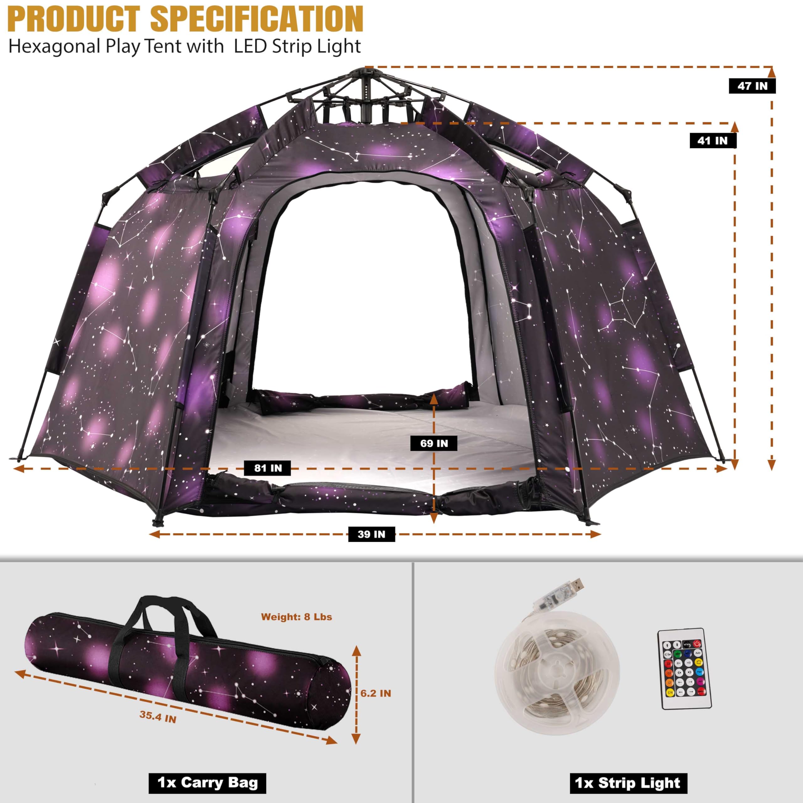 Hexagon Kids Play Tent with LED Lights
