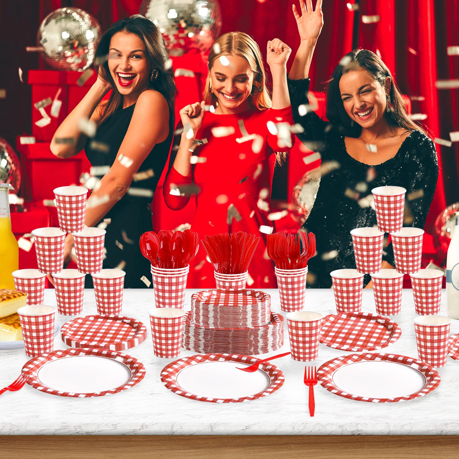 560 Pcs Red and White Gingham Party Decorations Red and White Checkered Buffalo Plaid