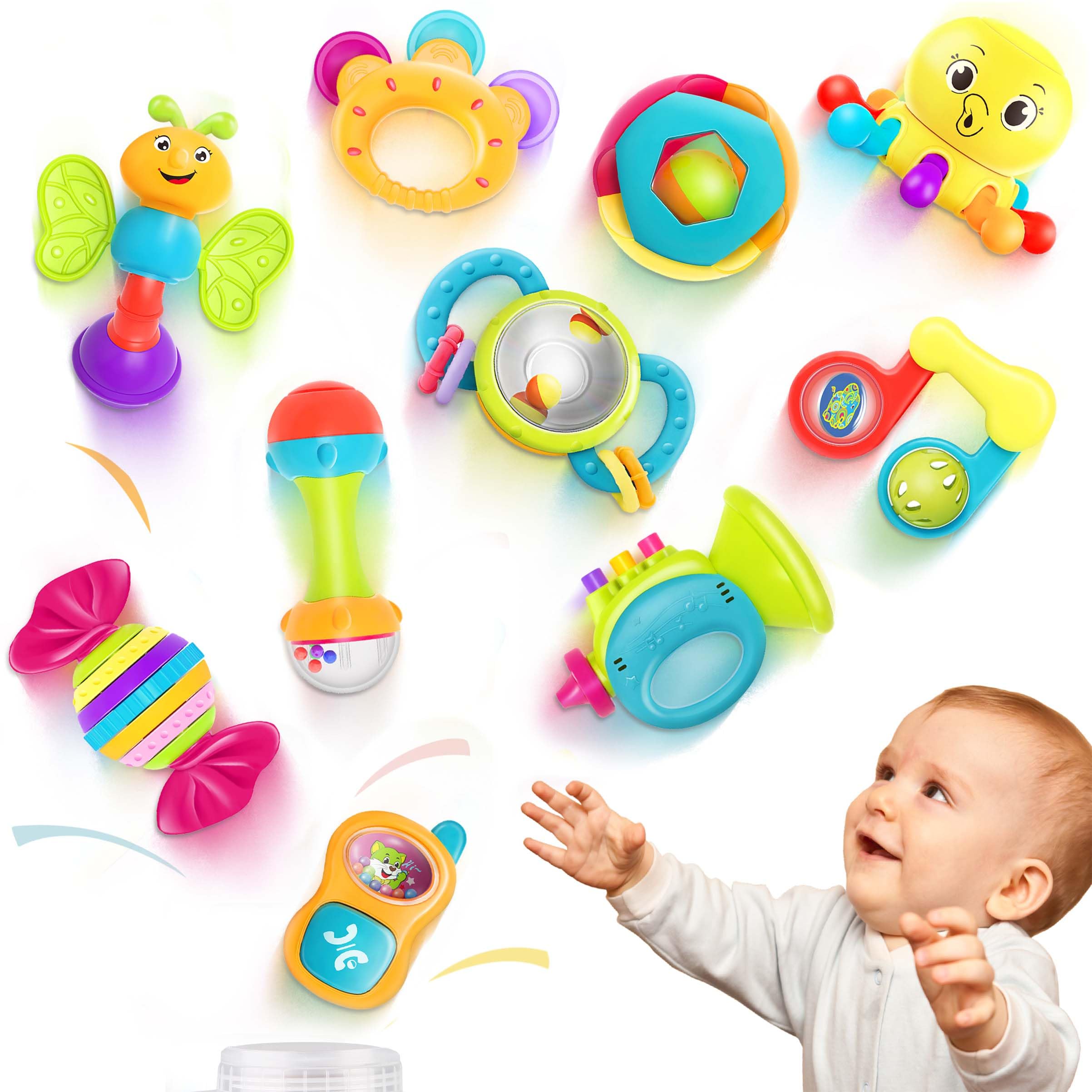 iLearn 10pcs Baby Rattles Toys Set, Infant Grab Shake Rattle, Easy Hold Sensory Teether