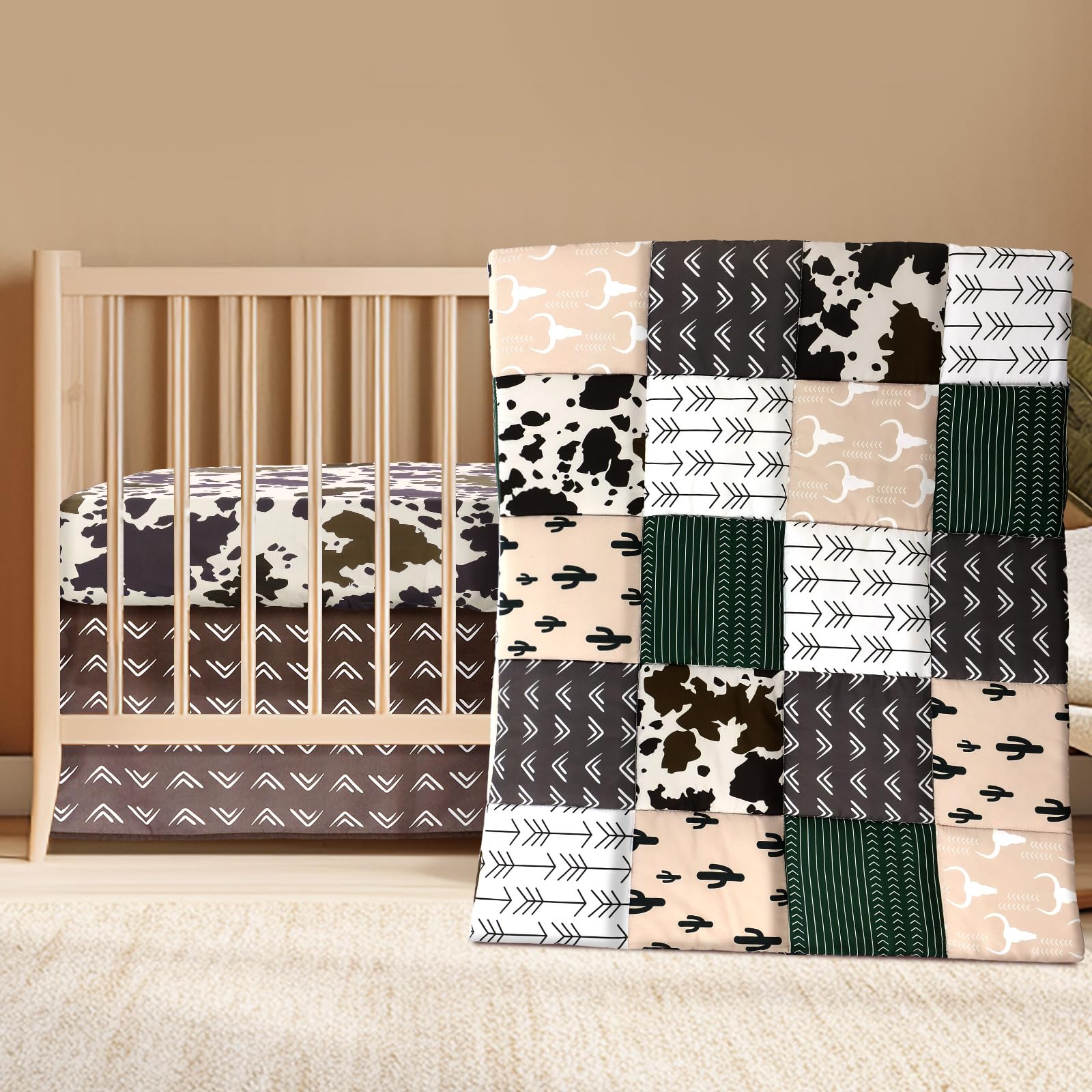 3 Piece Patchwork Western Crib Bedding Set, Neutral Cow Cactus Print Baby Bedding