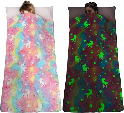Glow in The Dark Slumber Bag for Kids, Toddler Nap Mat with Pillow