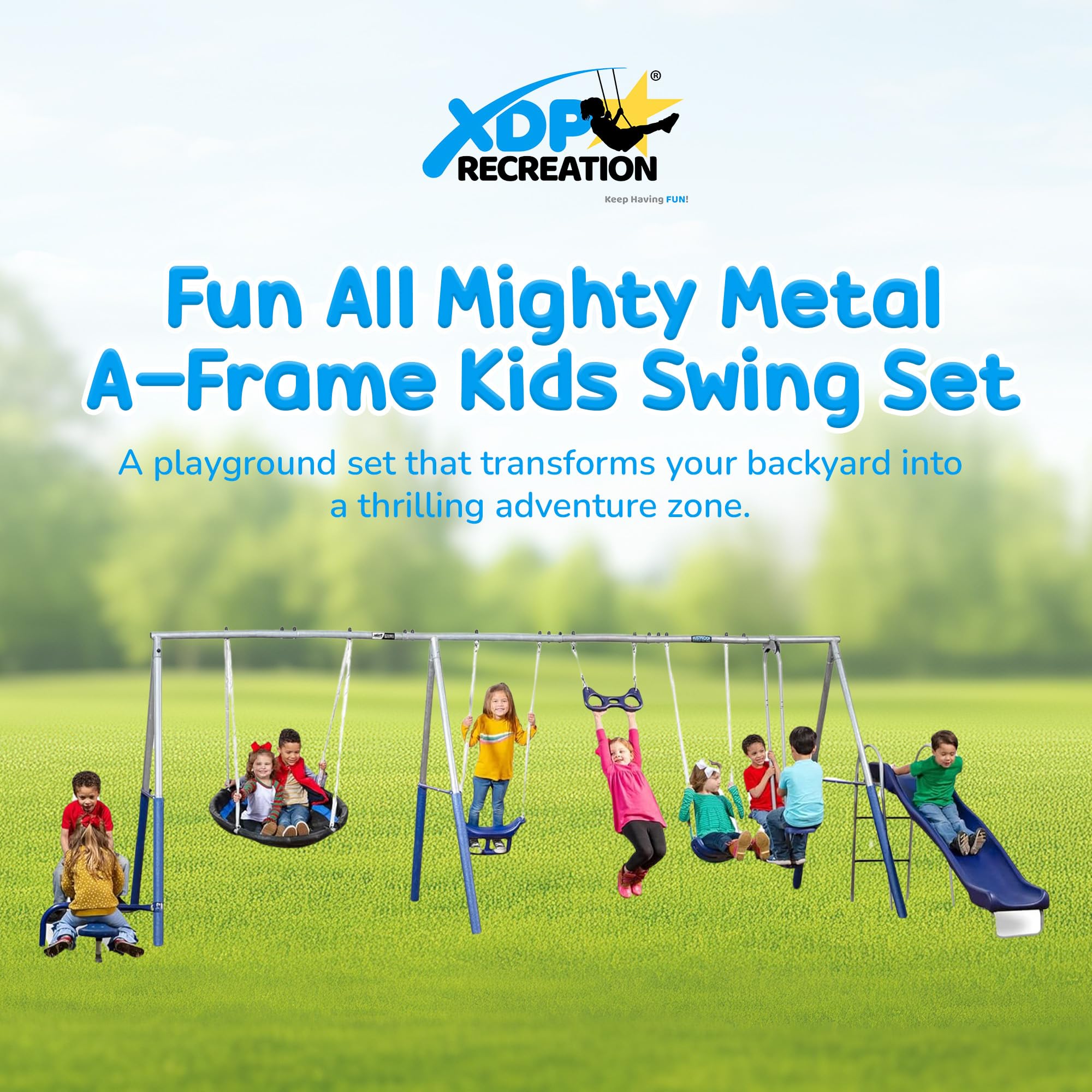 Metal A-Frame Kids Swing Set with Slide and Seesaw