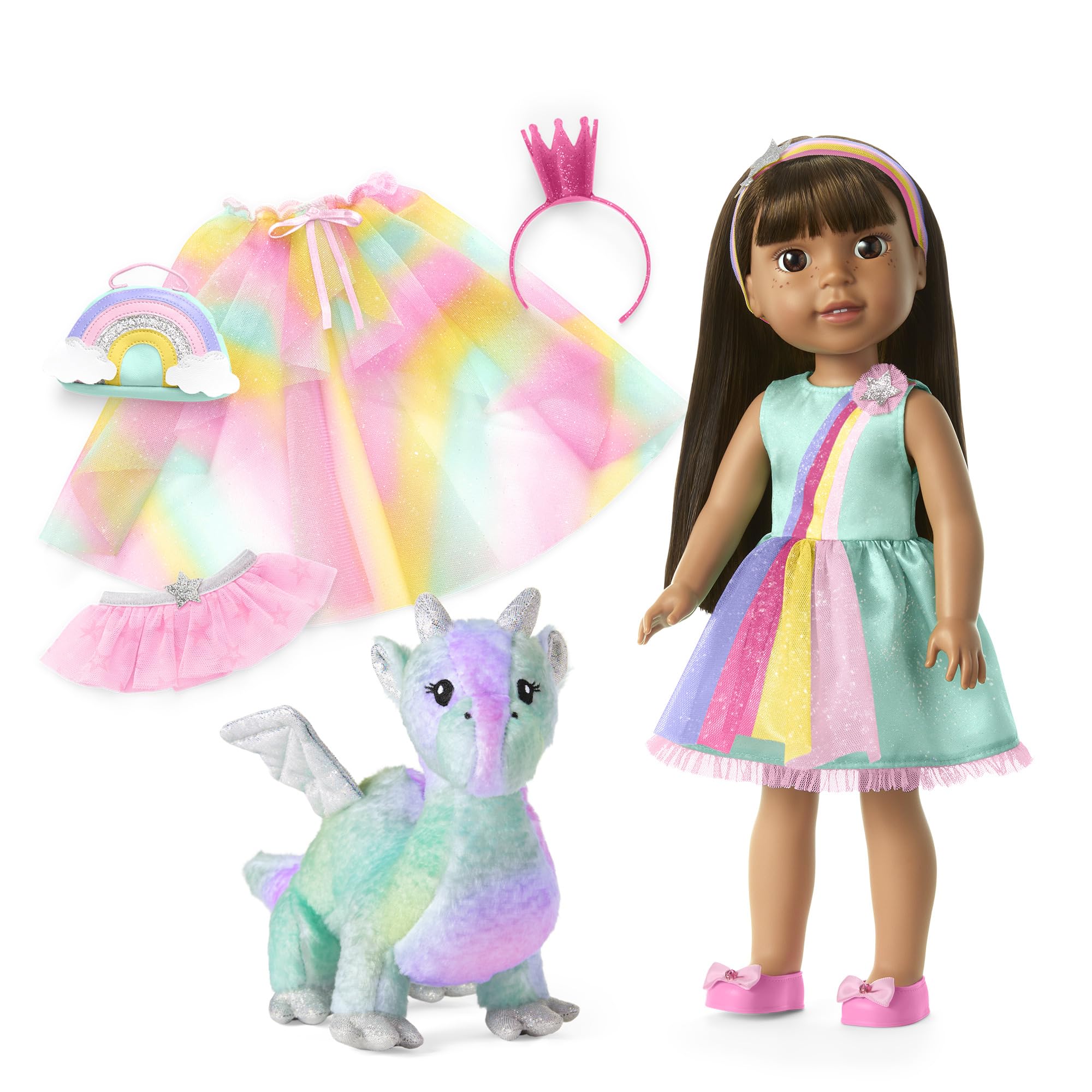WellieWishers 14.5-inch Ashlyn Doll Playset with Crisella The Dragon, Doll Dress