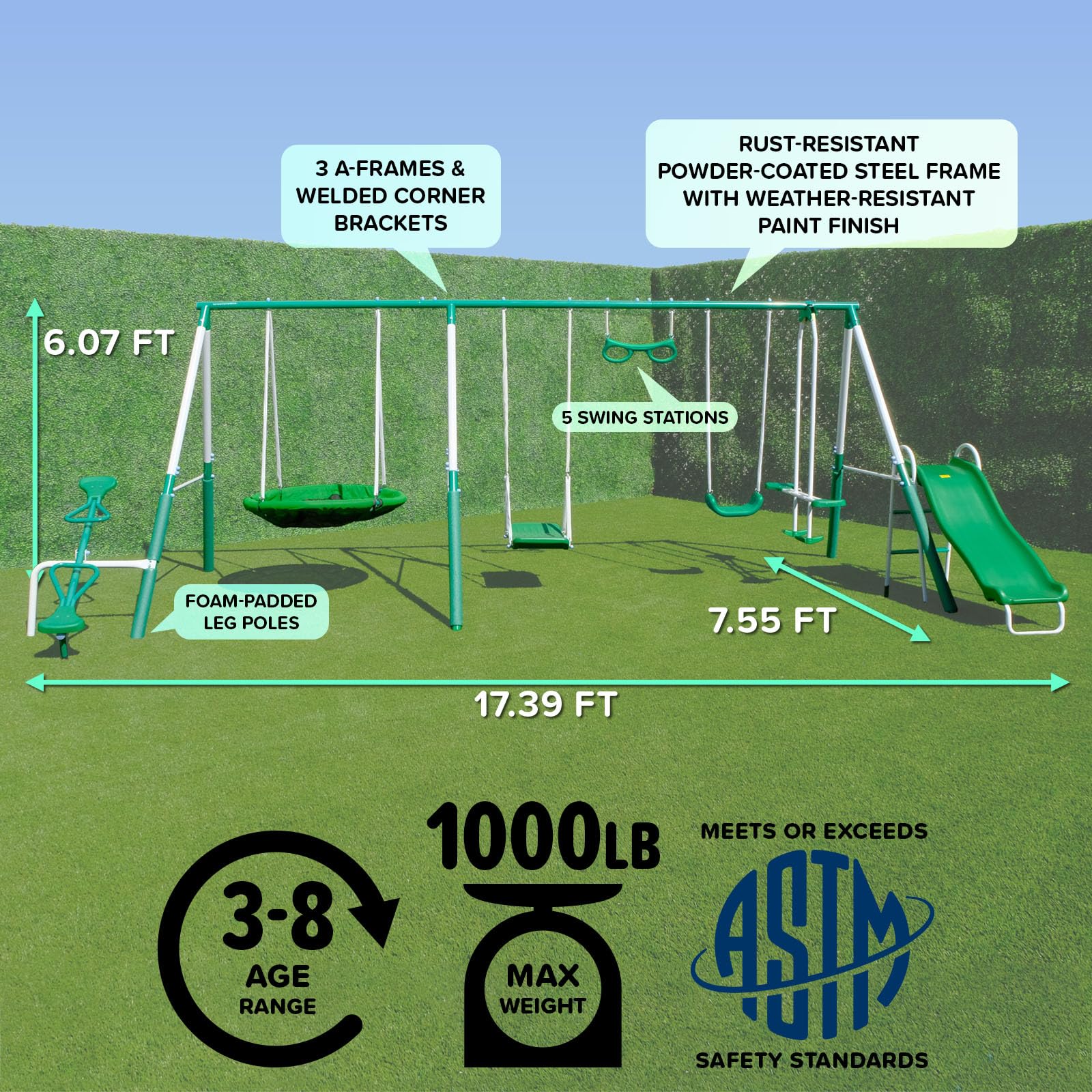 7-in-1 Metal Swing Set with Slide & Teeter-Totter