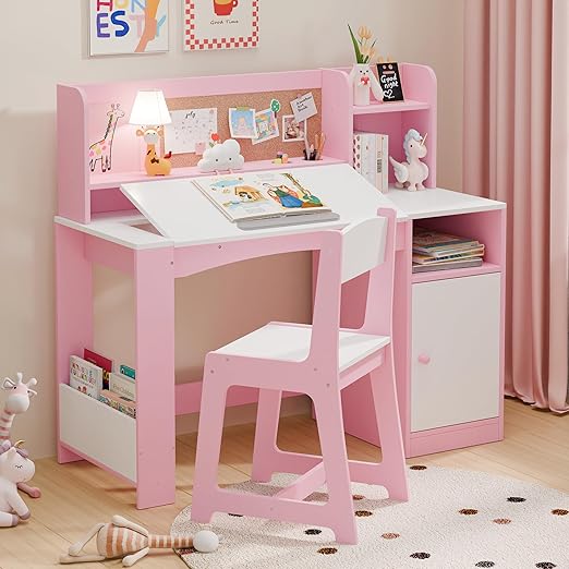 Kids Study Desk with Chair and Tiltable Desktop, Kids Stud Des and Chair Set