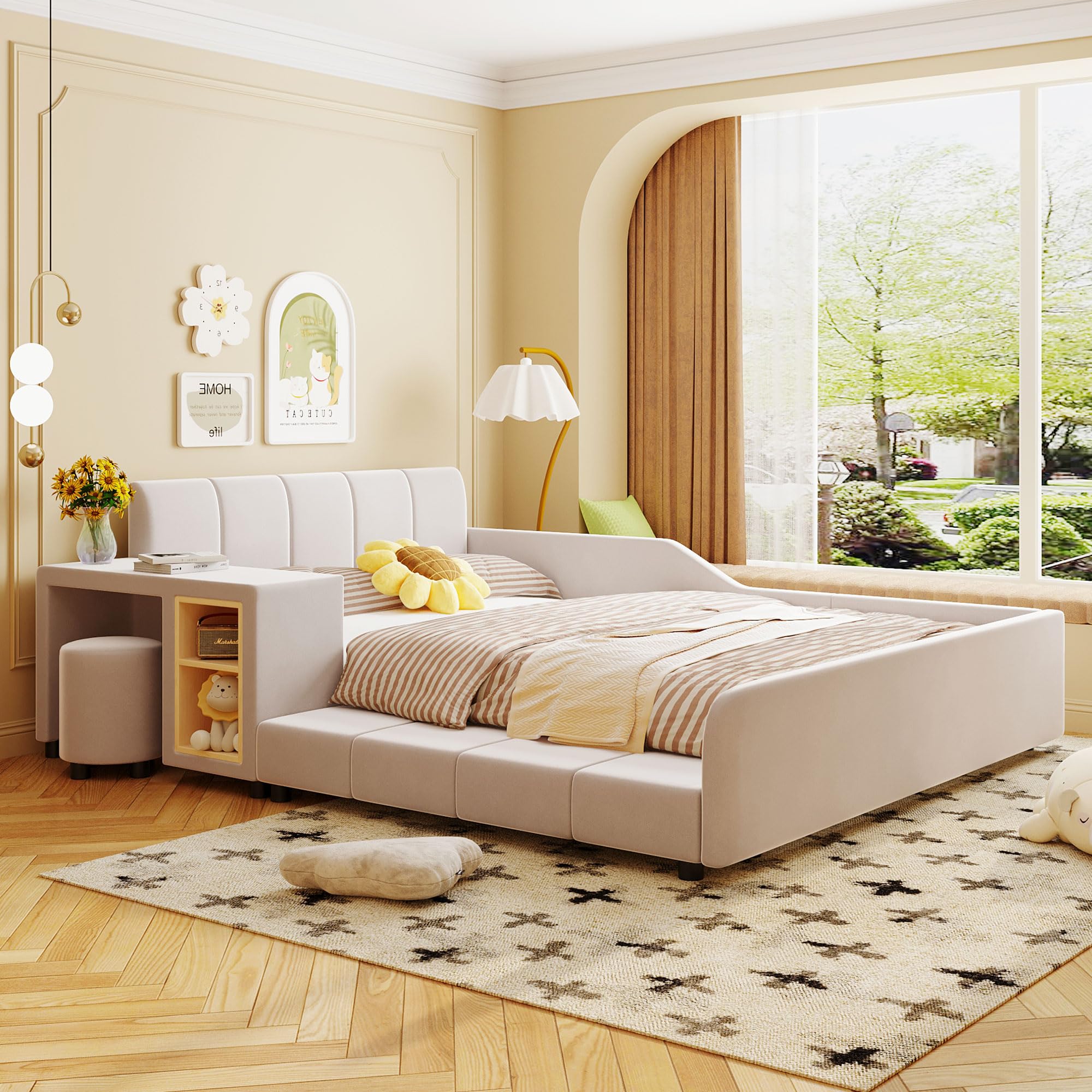 Full Size Velvet Upholstered Platform Bed with Bedside Desk