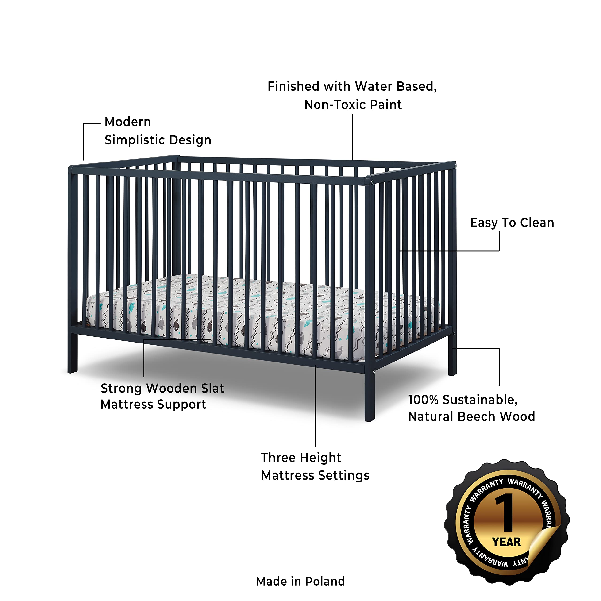 3-in-1 Convertible Crib Beech Wood