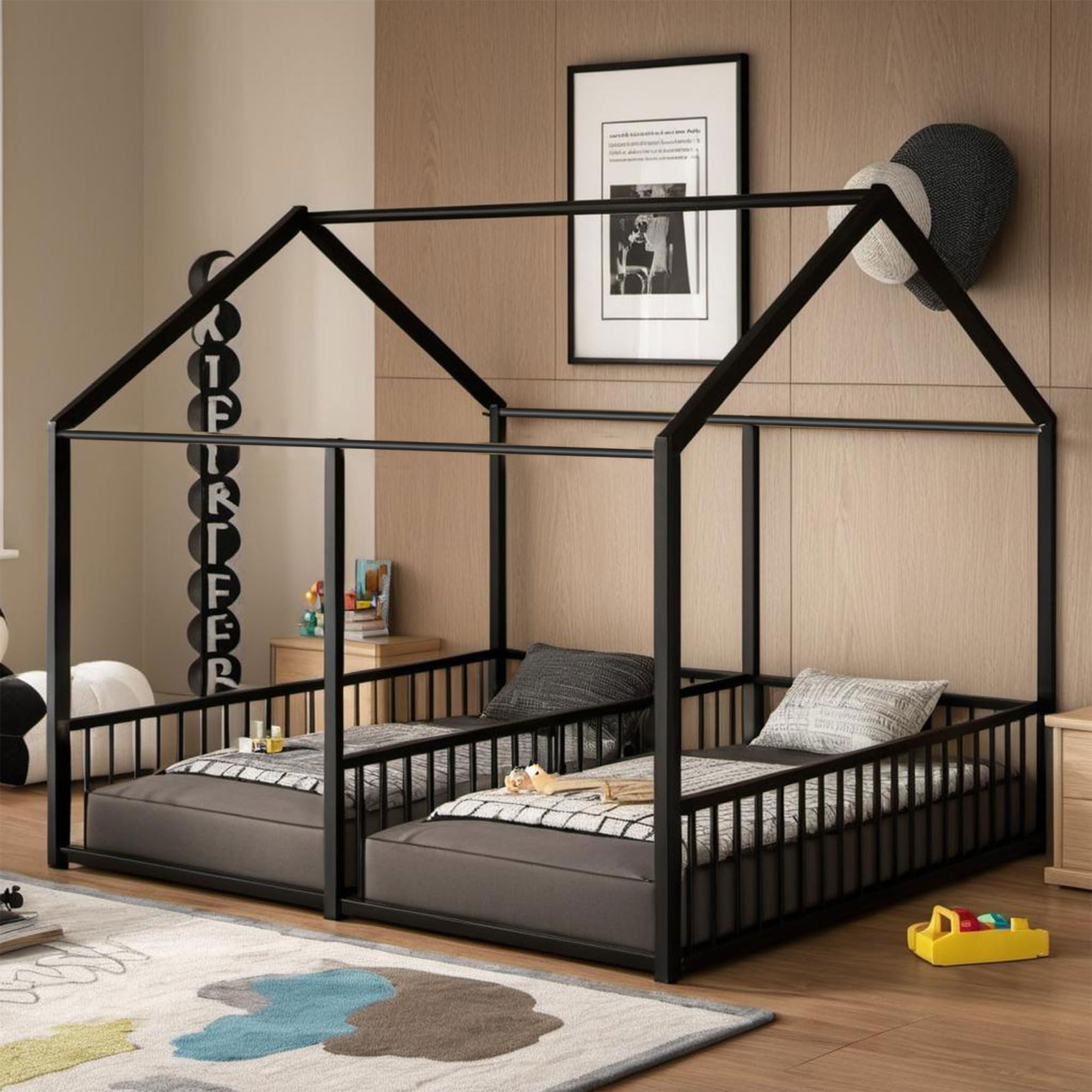 Double Montessori Floor Bed with Fence & Roof for Two Kids Teens Boys Girls