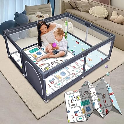 Baby Playpen, 50 x 50 inch Baby Playard, Playpen for Babies and Toddlers, Baby Fence Play Pen for Indoor & Outdoor, with Soft Breathable Mesh,No Gaps Playpen for Babies, Grey