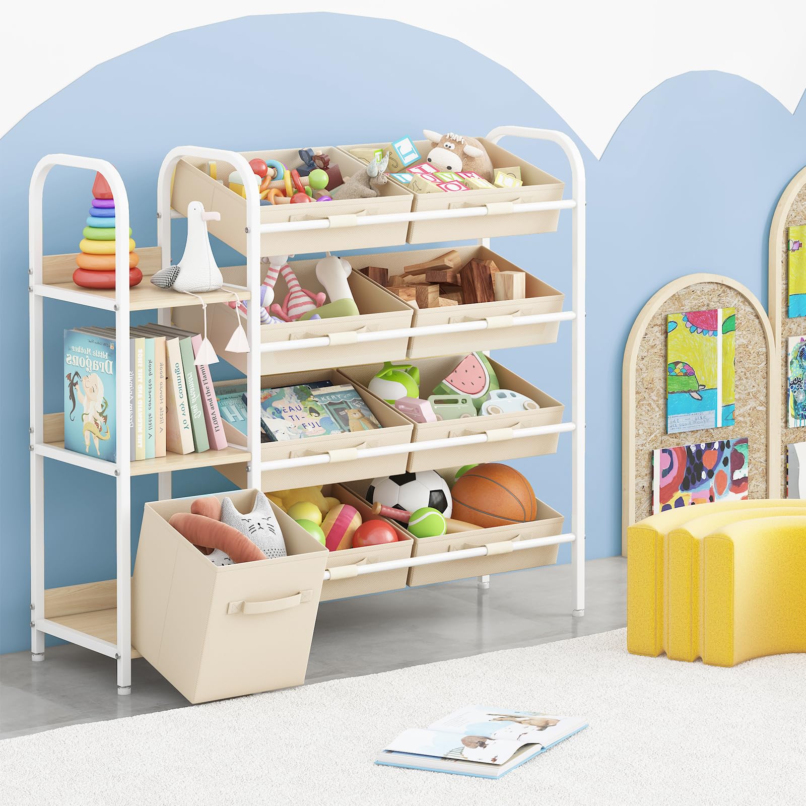 Toy Storage Organizer with Fabric Drawers and Bookshelf