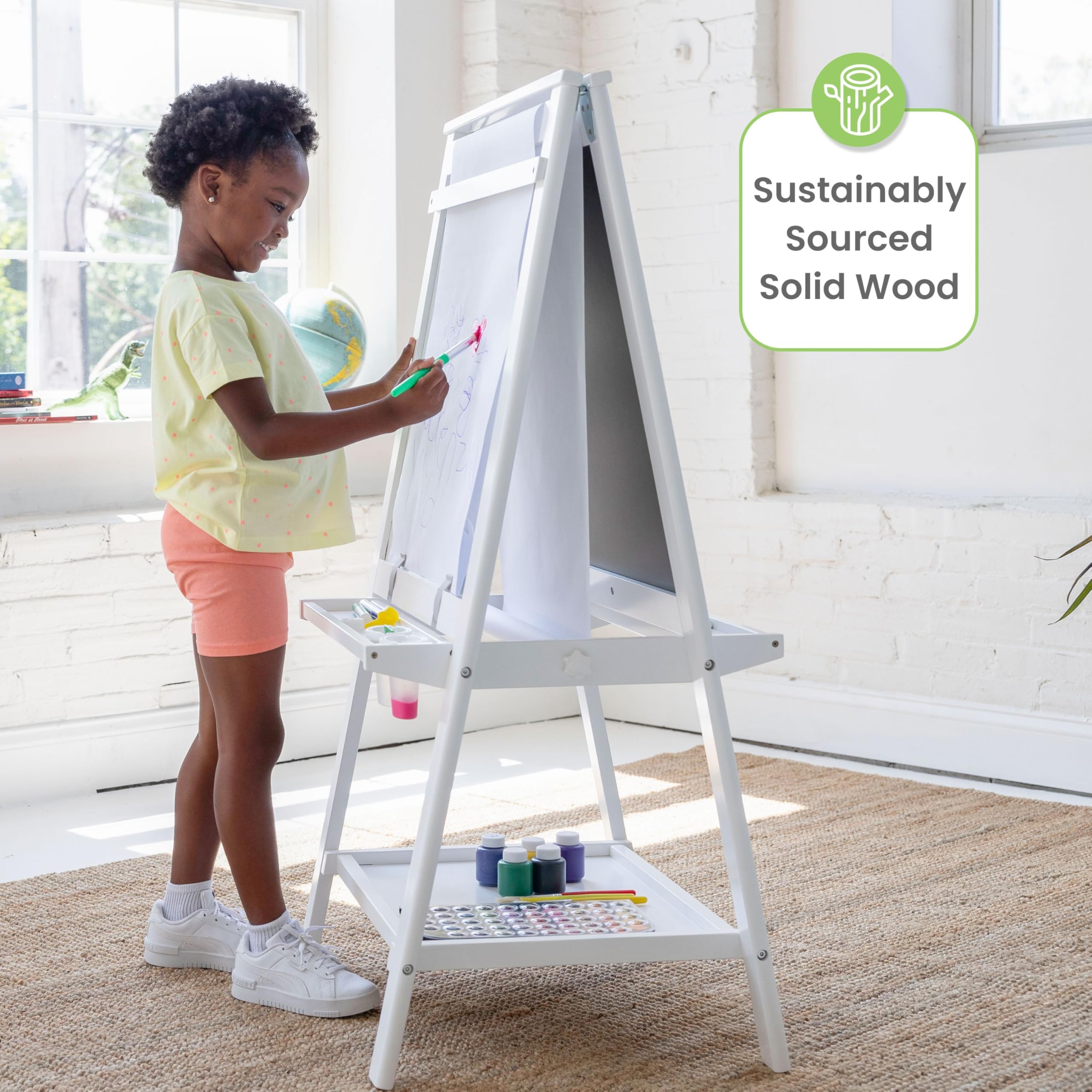 Little Partners Folding EZ Painting Easel for Kids, Dual-Sided Art Easel for Kids Art Station, Folds Flat with Chalkboard, Dry Erase Whiteboard, Paper, Eraser, Paint Cups, Shelf (Soft White)
