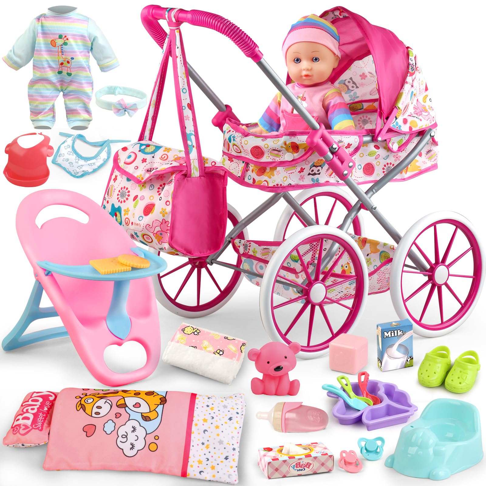 Baby Doll Stroller Toys Set with 12.5" Baby Doll,Dining Chair,Quilt Pillow,24 PCS Doll