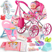 Baby Doll Stroller Toys Set with 12.5" Baby Doll,Dining Chair,Quilt Pillow,24 PCS Doll