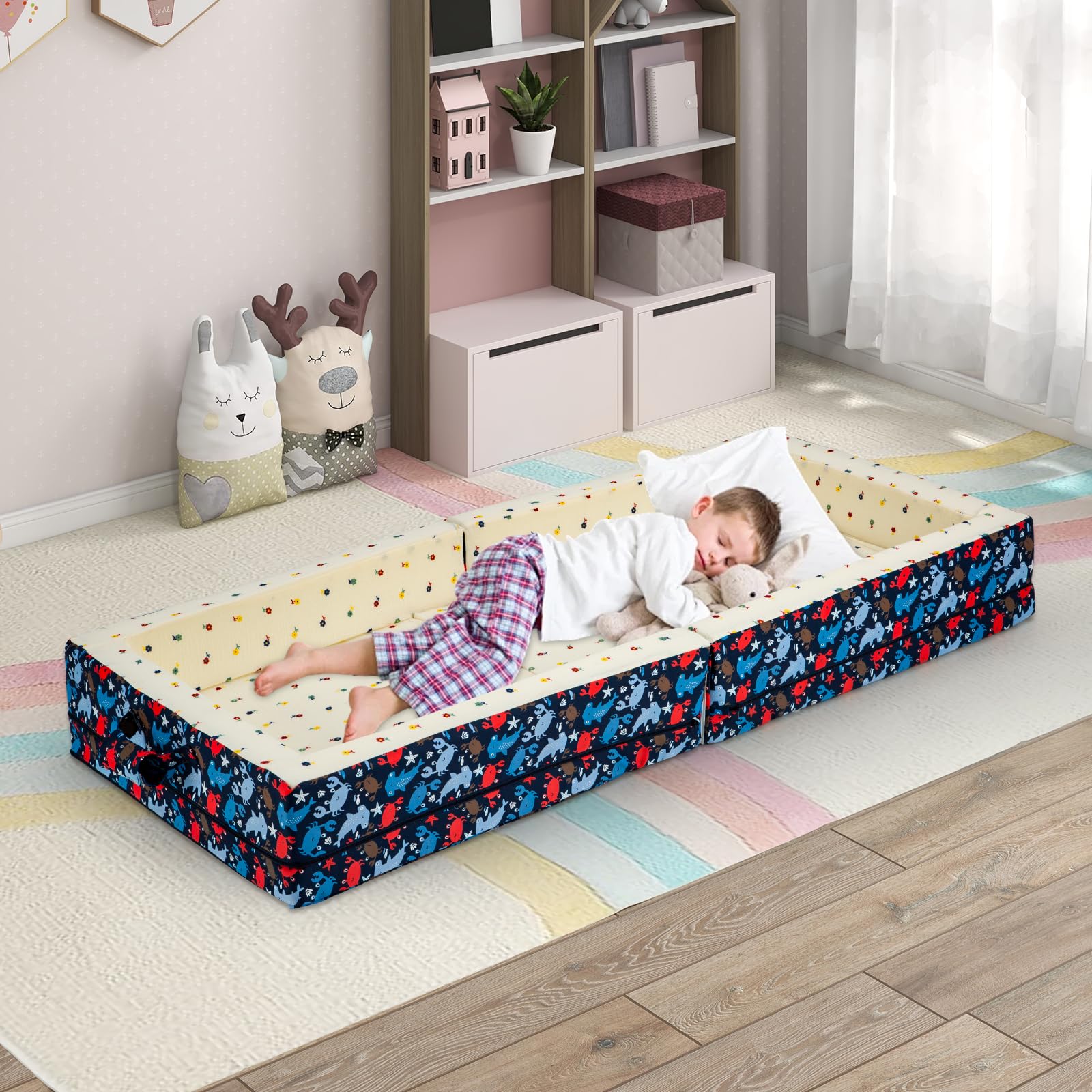 100% Cotton Lining Portable Foldable Toddler Travel Bed - Soft Foam Floor Bed