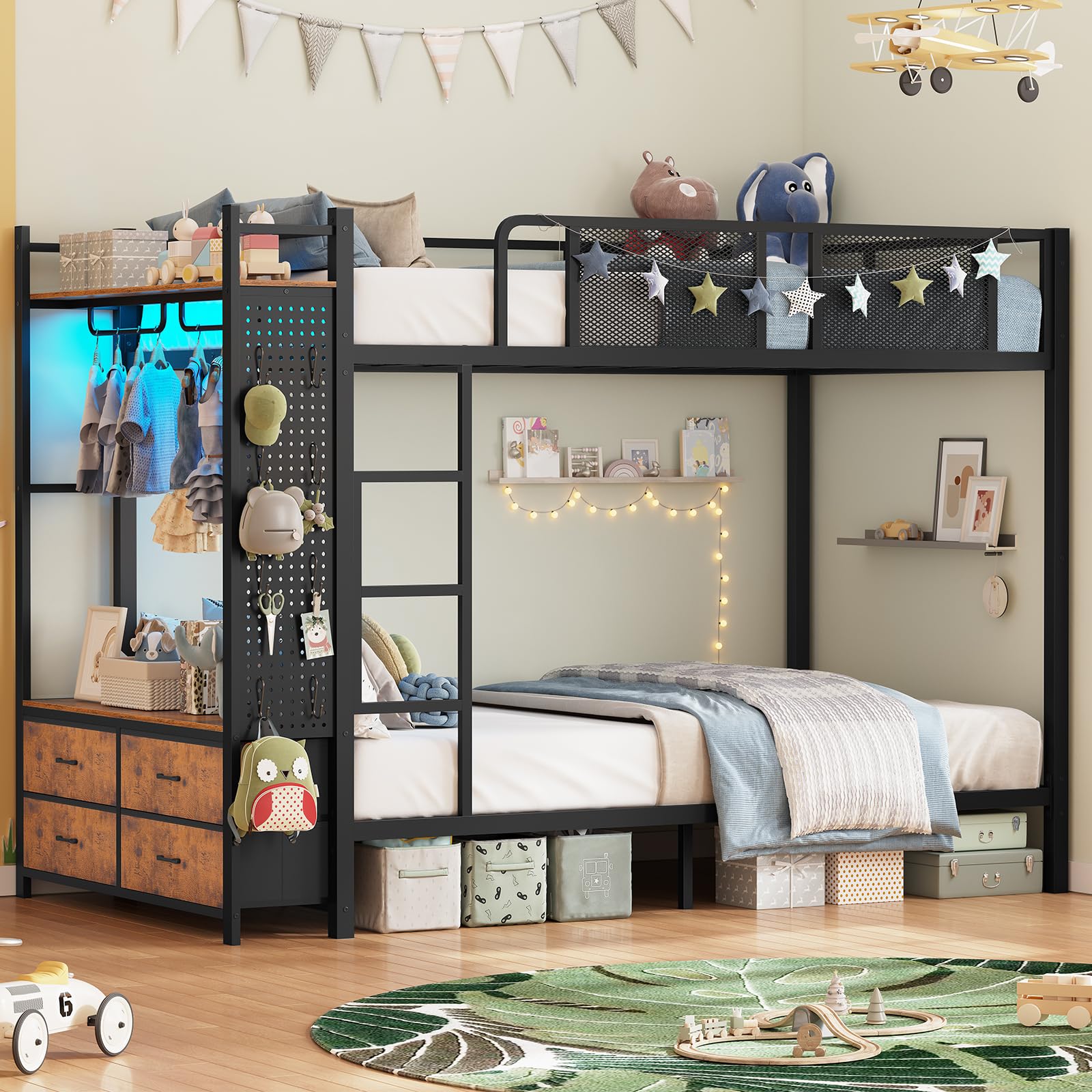 Metal Bunk Bed Twin Over Twin with Storage Drawers and LED Lights