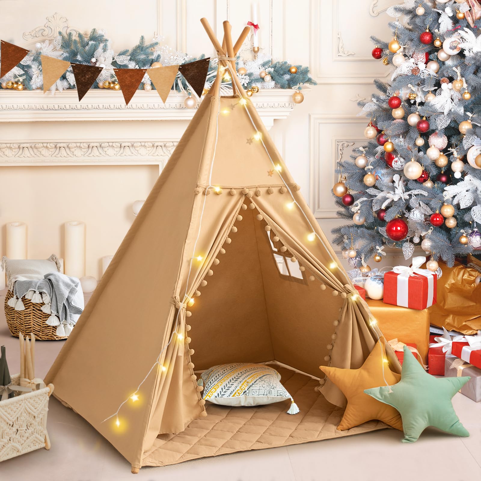 WIRHAO Teepee Tent for Kids with Mat, Cotton Canvas Kids Teepee with Pompom for Toddlers Indoor Play Tent for Girls Boys with Stars Lights, Carry Bag, Banner Flag (Khaki)